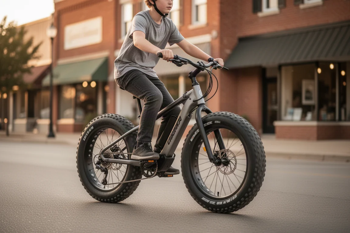 Ciclista paseando por la ciudad en una e-bike compacta de neumáticos anchos con estética de moto