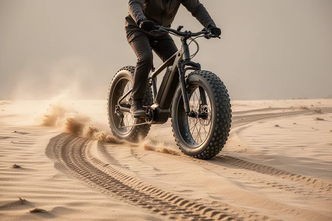E-bike de neumáticos anchos rodando sobre arena blanda o terreno fangoso