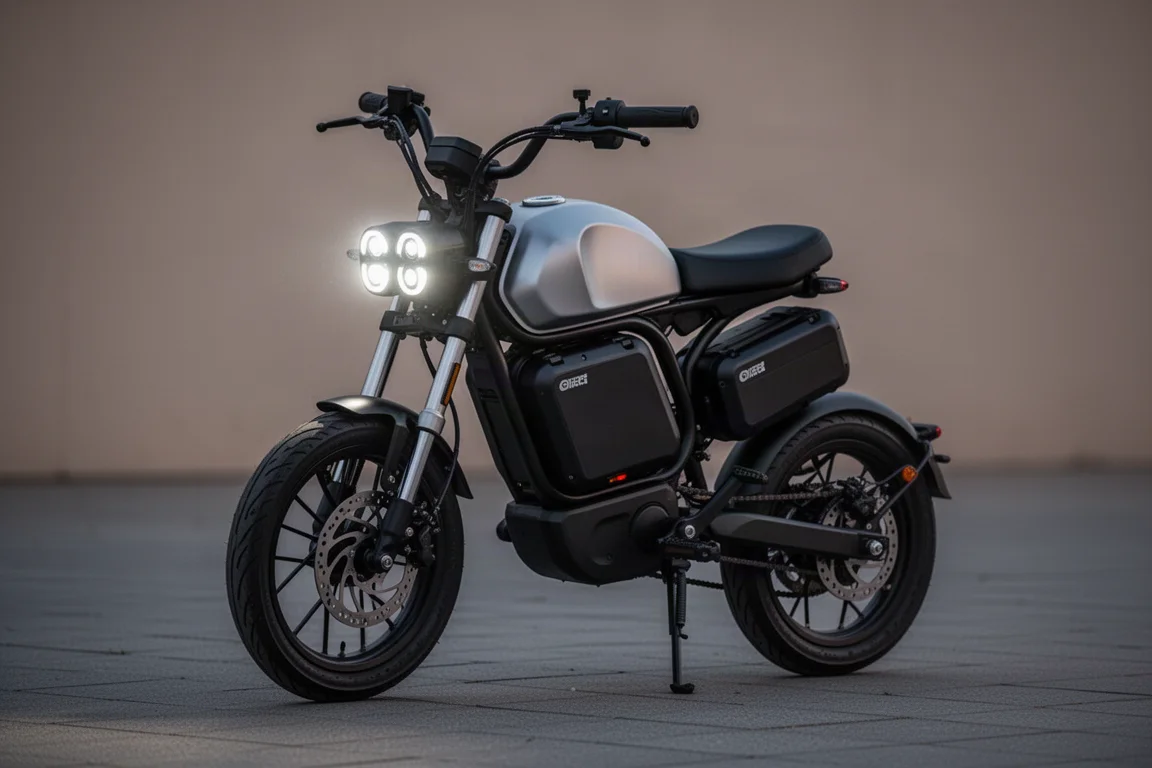 Configuración de doble batería de una e-bike de neumáticos anchos aparcada en el asfalto al atardecer