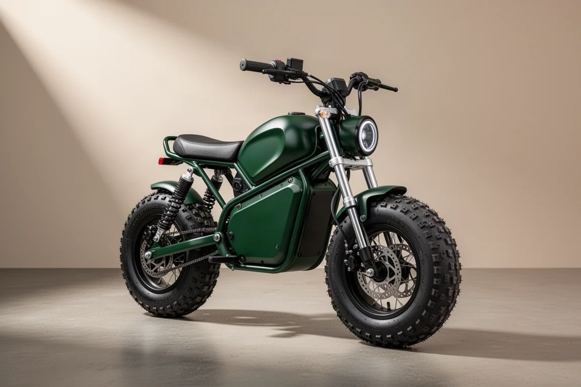 Green fat-tire Engwe M20 e-bike with minibike styling on a concrete surface
