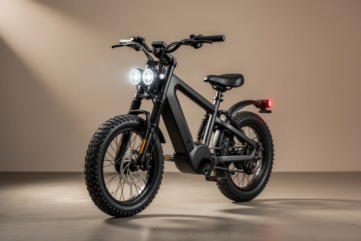 Electric bike with thick all-terrain tires and twin front lights on a concrete floor