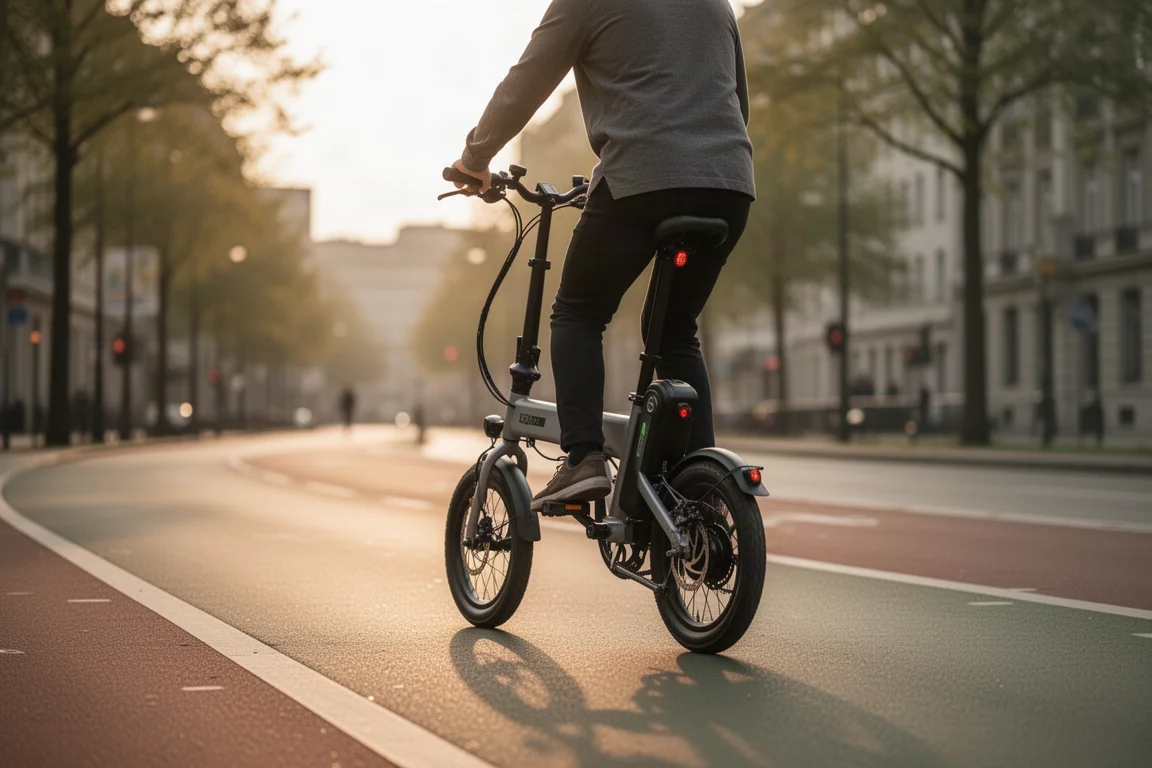 夕暮れの柔らかな光の中、都市のサイクルパスを走る小さな折りたたみ電動バイクのライダー