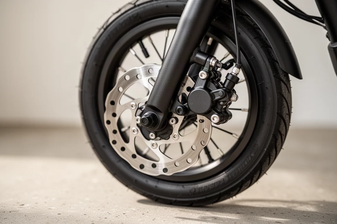 小型電動バイクの車輪に取り付けられたディスクブレーキローターとキャリパーのクローズアップ