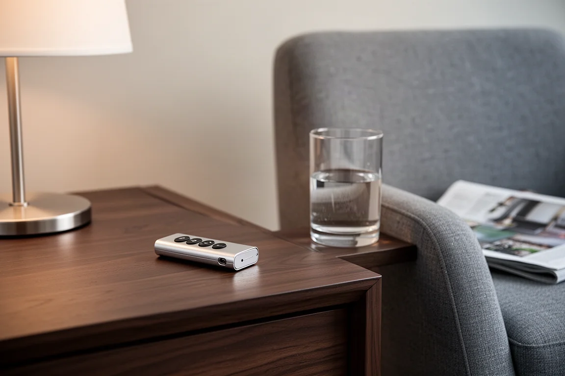 Metallfjärrkontroll på ett ekkantbord bredvid en stol och ett glas vatten
