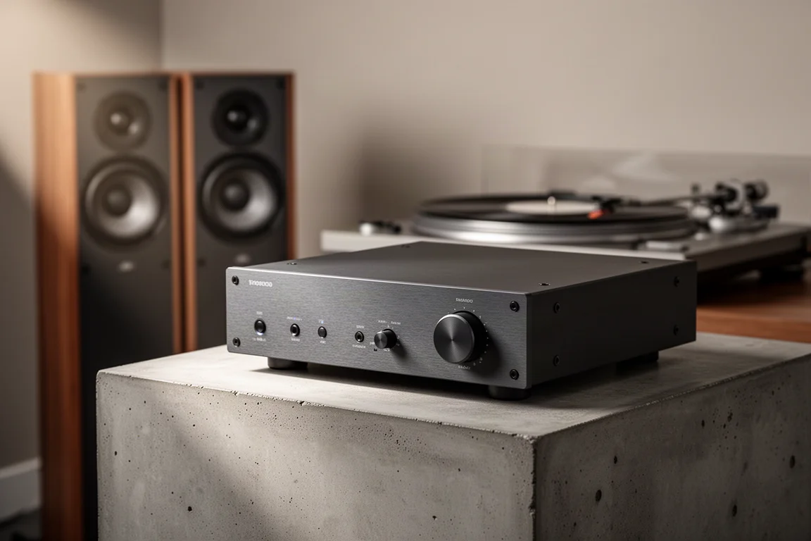 Compact dark grey integrated amplifier on a concrete plinth with blurred speakers behind