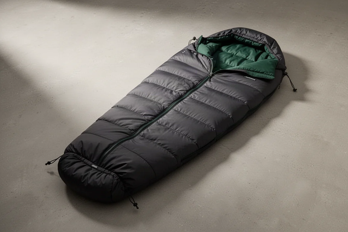 Charcoal hybrid sleeping bag and quilt laid out partially unzipped on a concrete surface