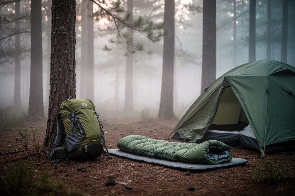 Feuchter Waldzeltplatz im Morgengrauen mit Nebel, Rucksack und einem Quilt neben einem niedrigen Zelt