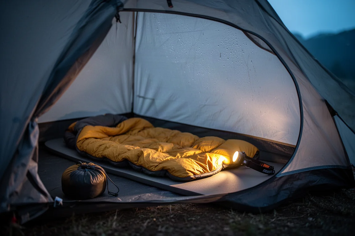 Innenraum eines kleinen Einwandzelts in der Dämmerung mit Quilt auf Isomatte und warmem Stirnlampenlicht