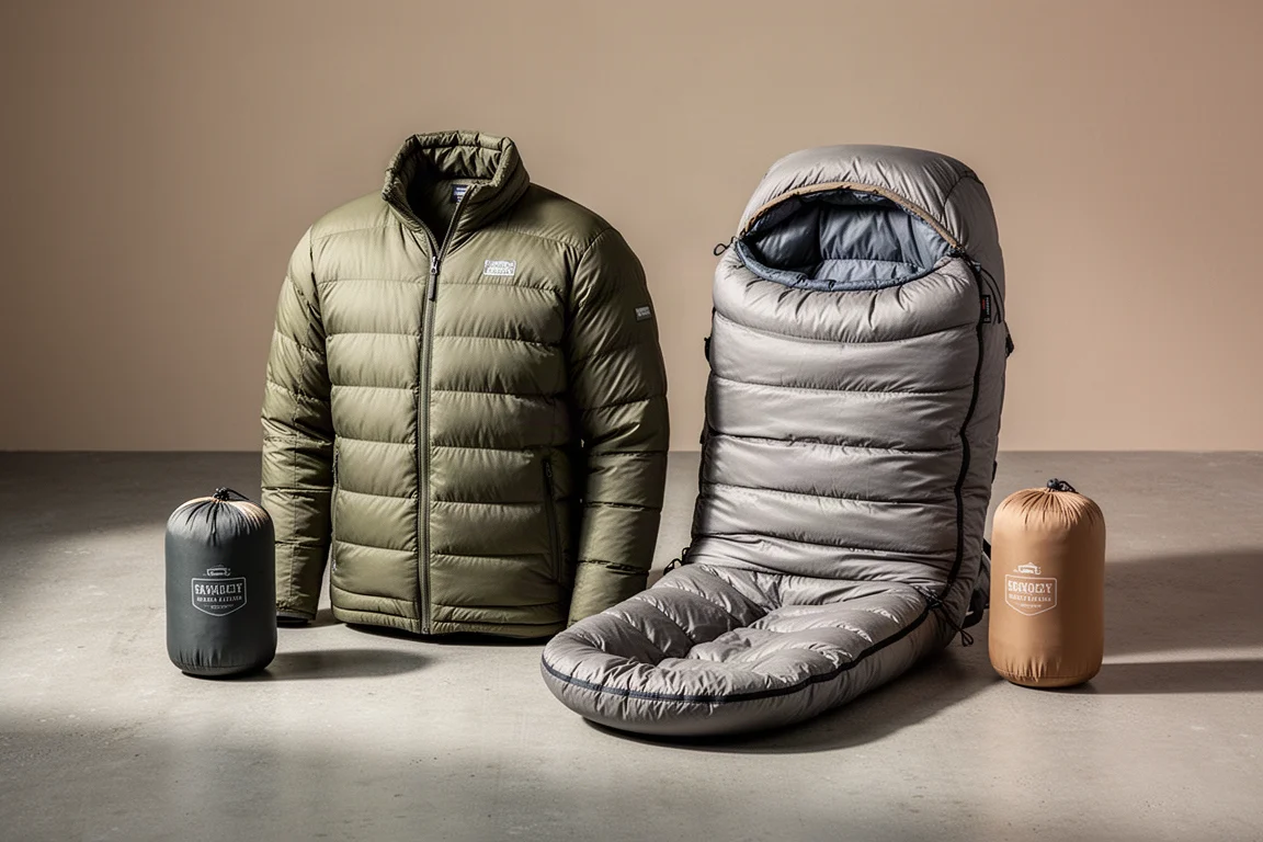 Synthetic puffy jacket and backpacking quilt arranged side by side on a concrete surface