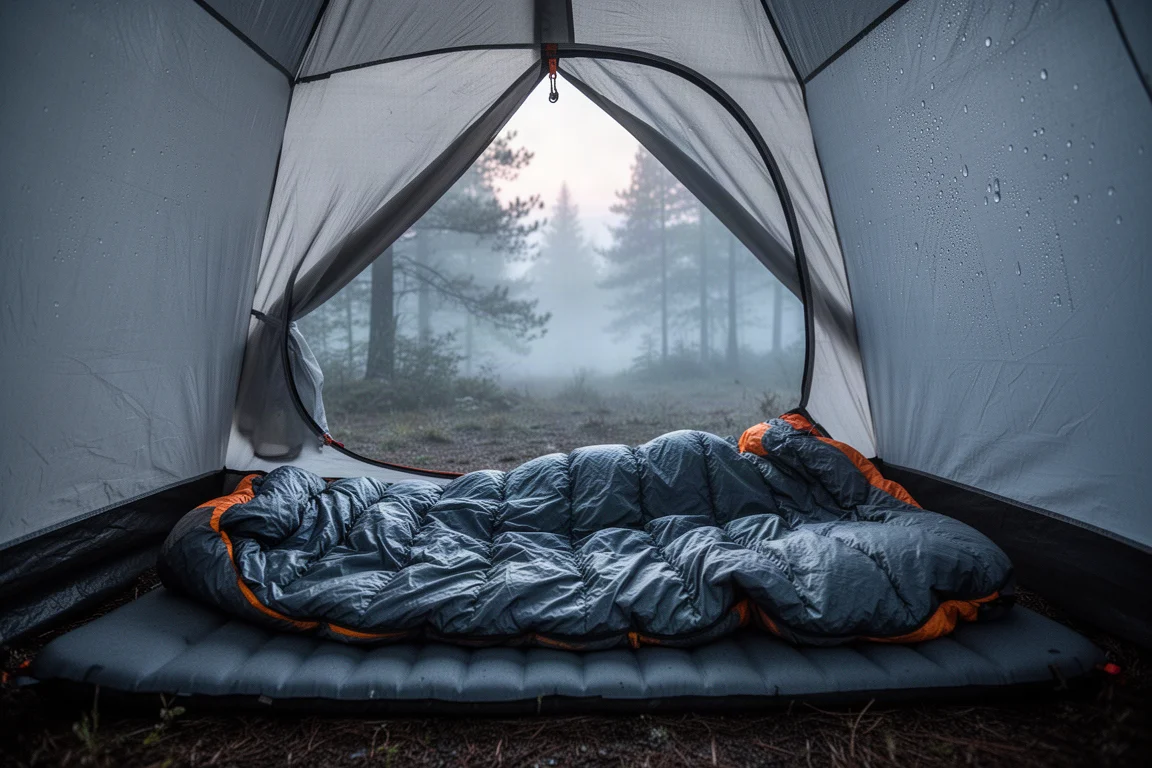 Synthetischer Backpacking-Quilt im Morgengrauen im Zelt ausgebreitet, draußen nebliger Wald