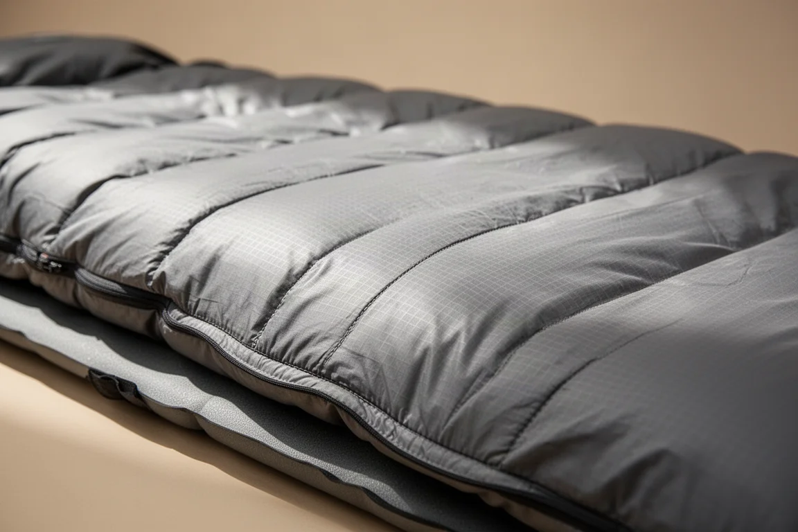 Nahaufnahme der Stepplinien und Randnähte an einem synthetischen Backpacking-Quilt