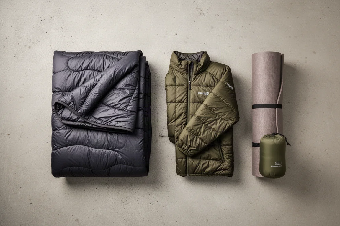 Draufsicht auf synthetischen Quilt, Jacke, Isomatte und Packsack auf Beton