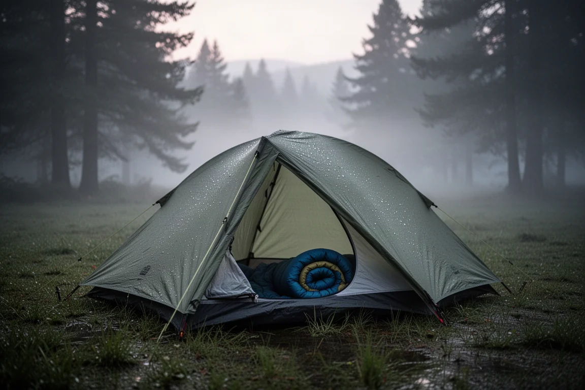 Single-wall tent pitched in damp grass at dawn with fog and condensation on the fabric