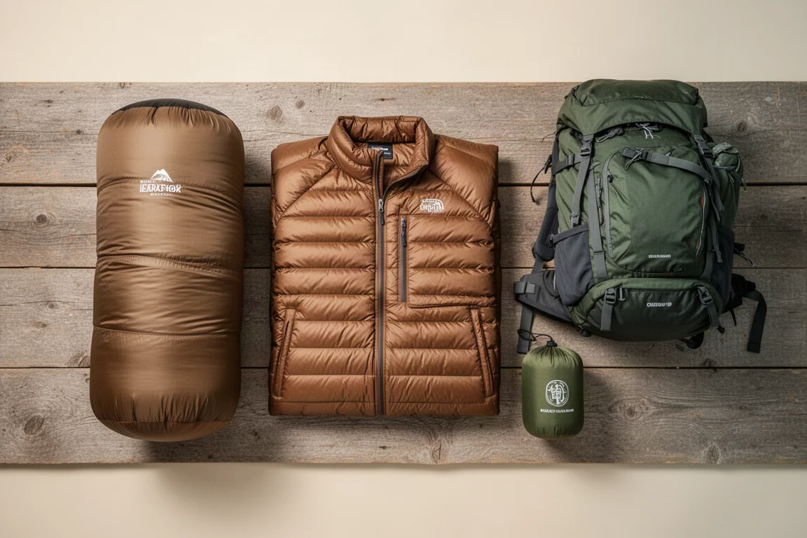Rolled synthetic quilt and folded puffy jacket beside a packed backpack on weathered wood