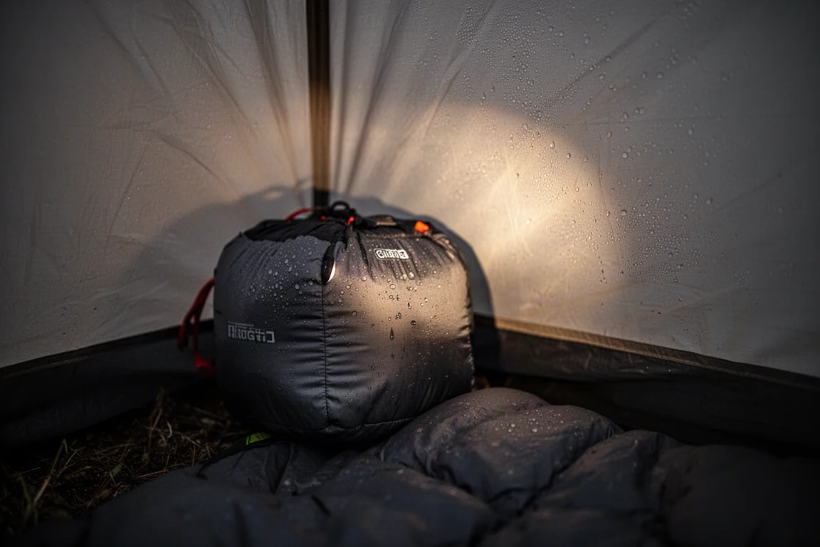 Close view of a quilt foot box pressed against a tent wall covered in condensation droplets