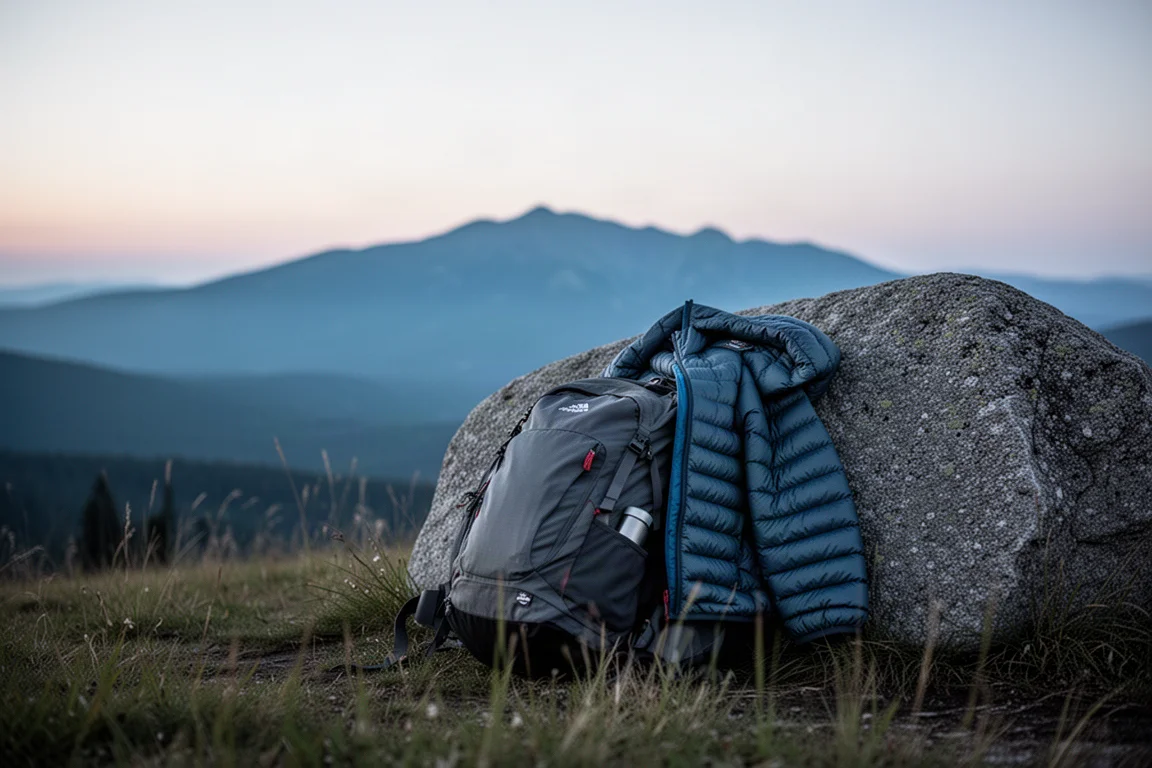 Campsite at dusk with backpack and puffy jacket resting against a rock below a ridgeline