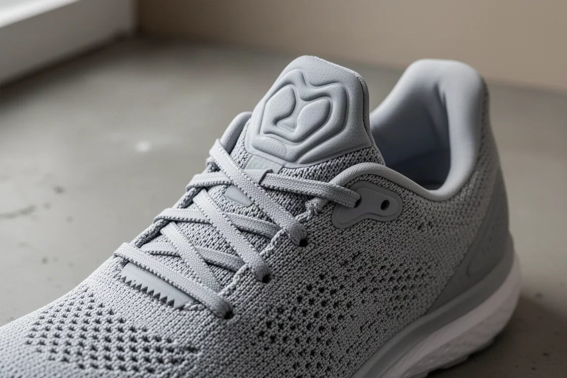Close-up of a knitted running shoe upper with serrated laces and padded tongue
