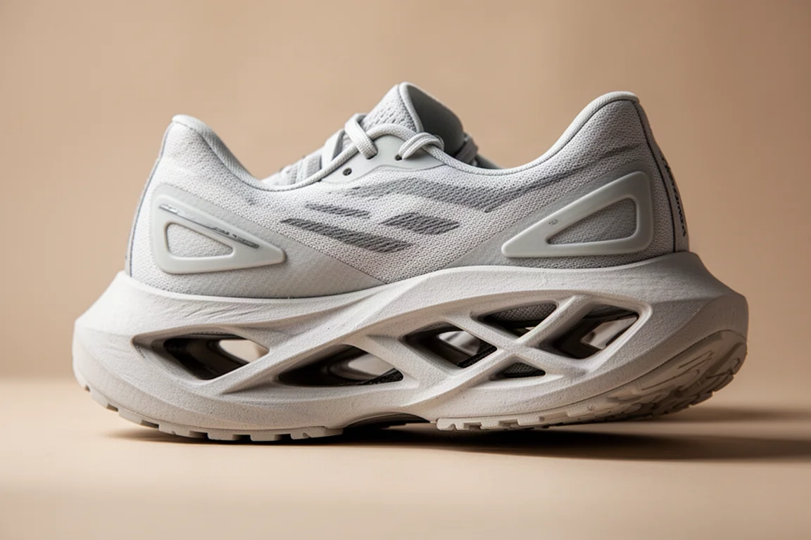 Side view of a thick running shoe midsole with visible cutouts revealing a carbon plate