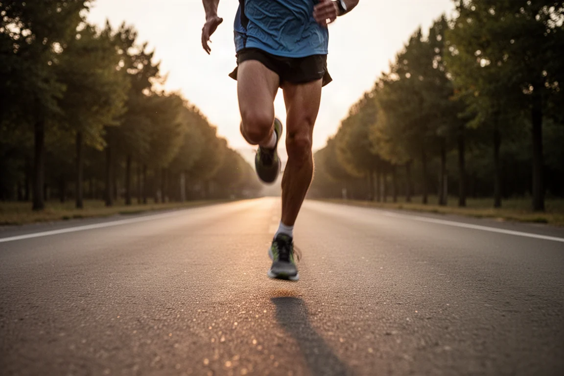 Runner training at tempo pace on an open road in soft evening light