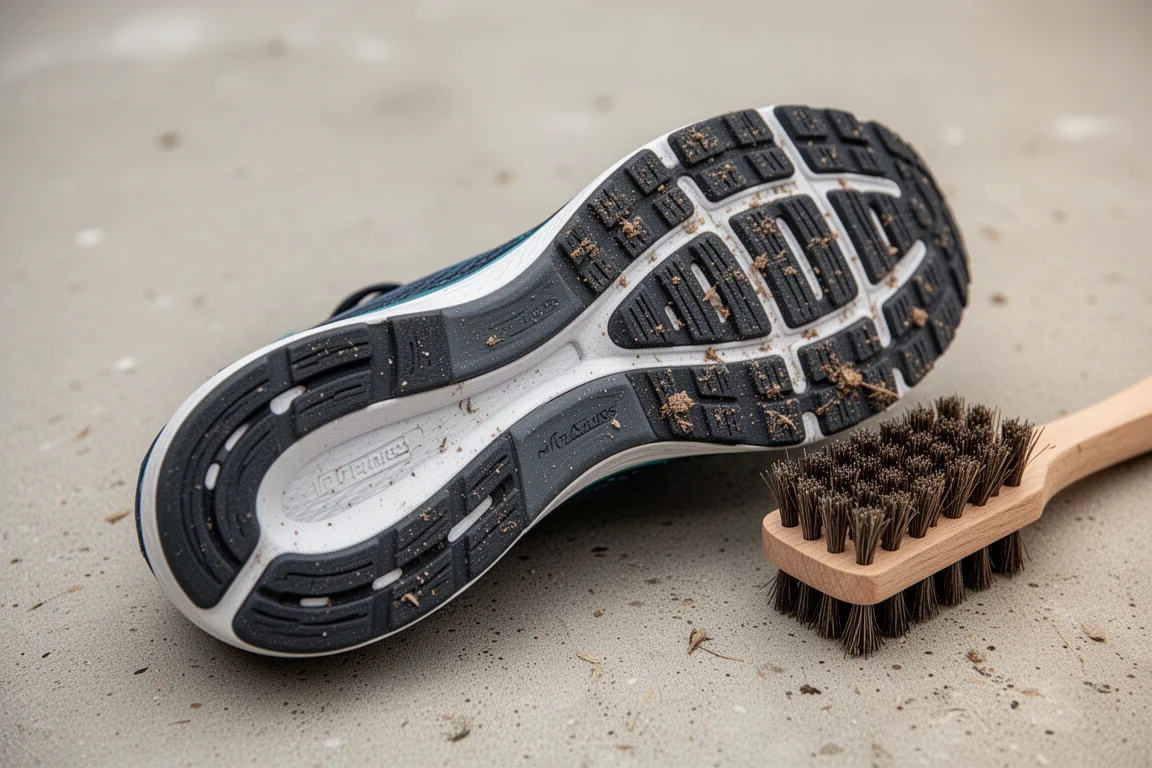 Running shoe outsole showing soft rubber lugs with small ridges after a wet run
