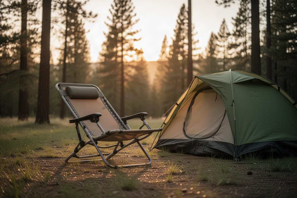 Niedriger Campingstuhl neben einem kleinen Kuppelzelt auf einer grasbewachsenen Lichtung zur goldenen Stunde