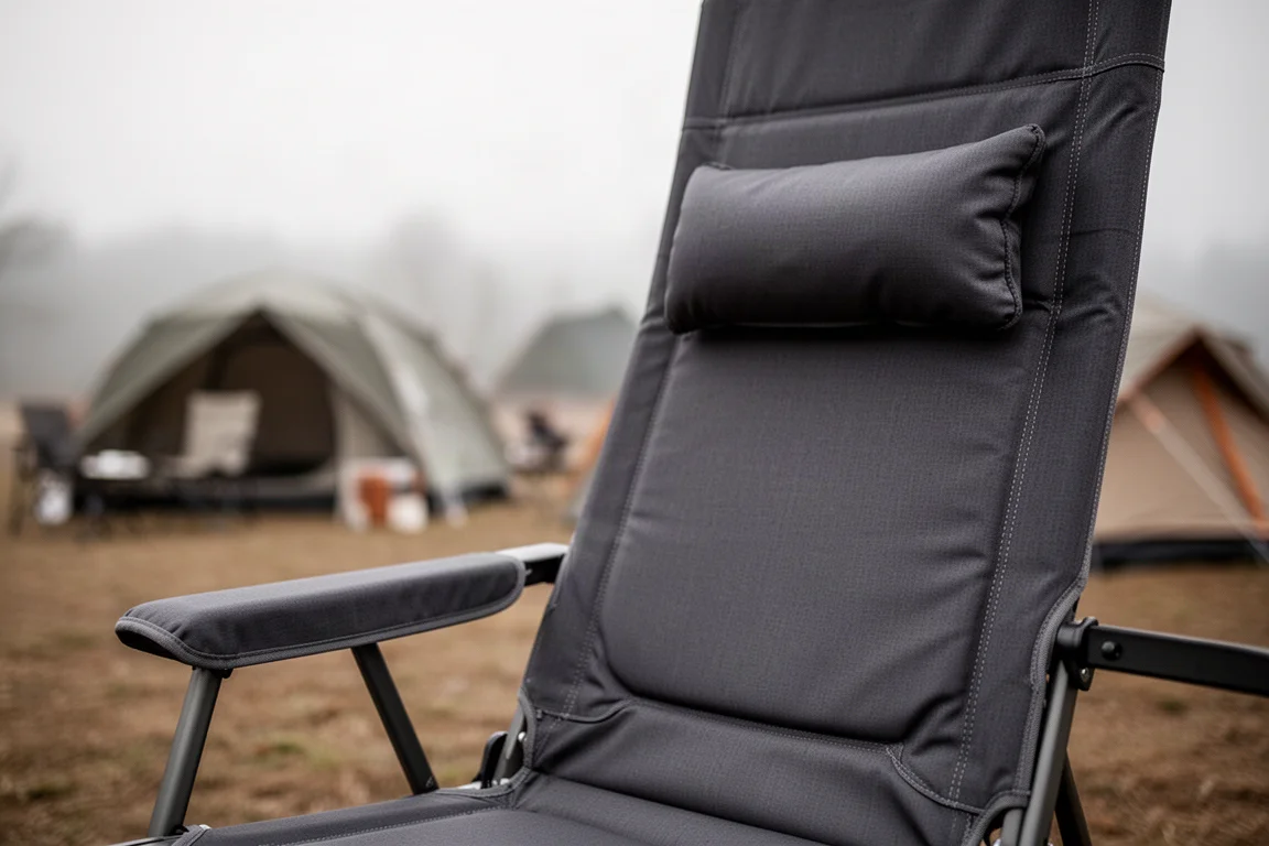 Nahaufnahme einer gepolsterten Armlehne eines Campingstuhls und des weichen integrierten Kopfkissens