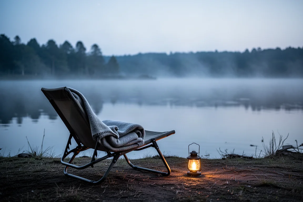 Niedriger Campingstuhl mit Blick auf einen ruhigen See in der Abenddämmerung mit sanft leuchtender Laterne