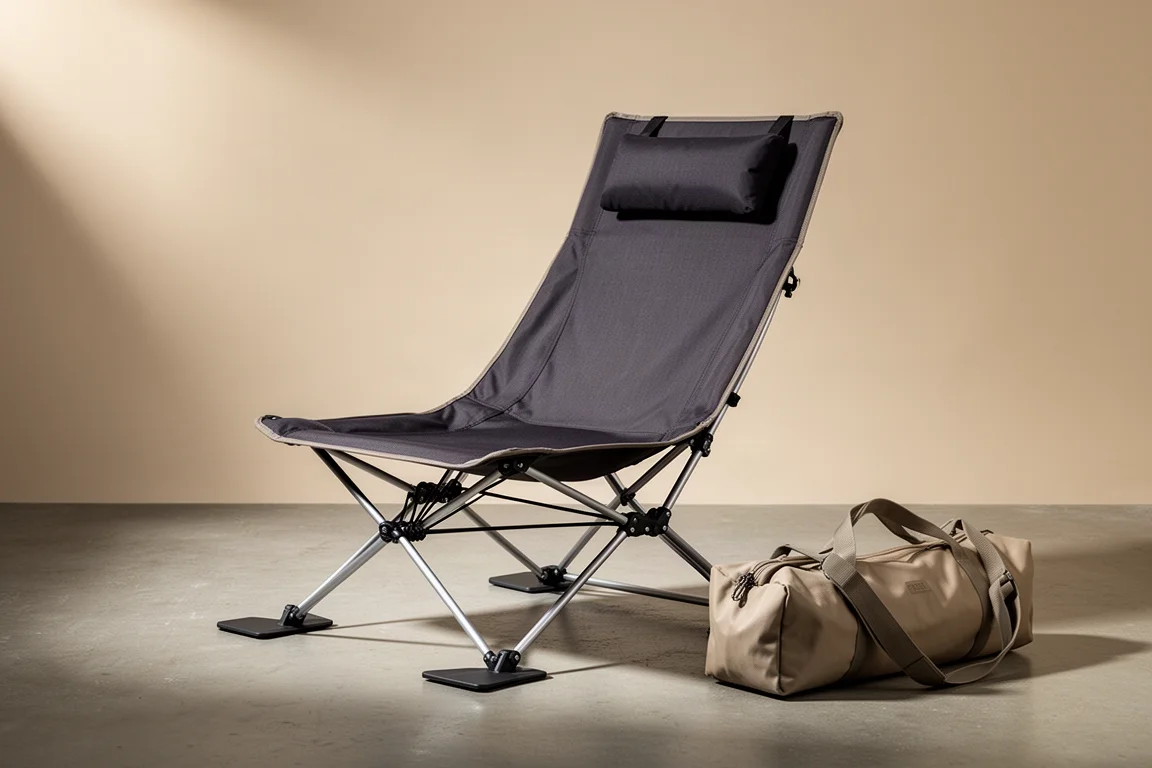 Low reclining camp chair with tall backrest and aluminium pole frame on a concrete surface
