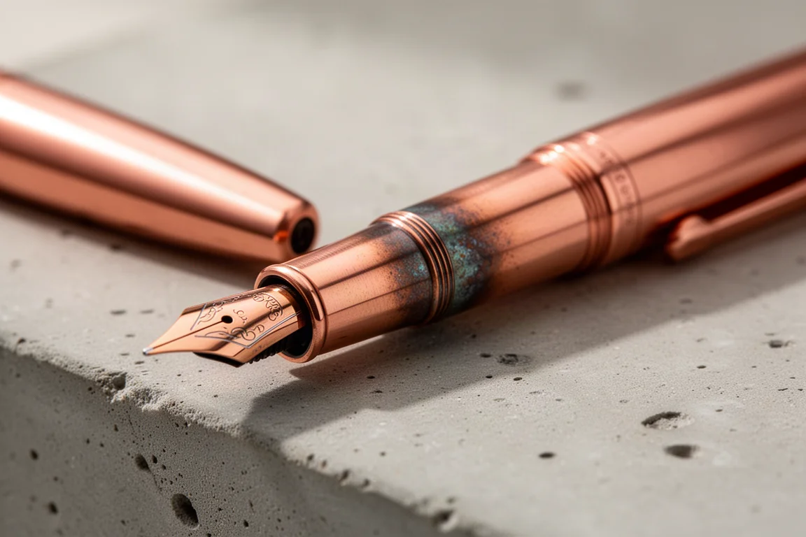 Sezione di una penna fontana in rame con patina iniziale dopo pochi giorni di utilizzo