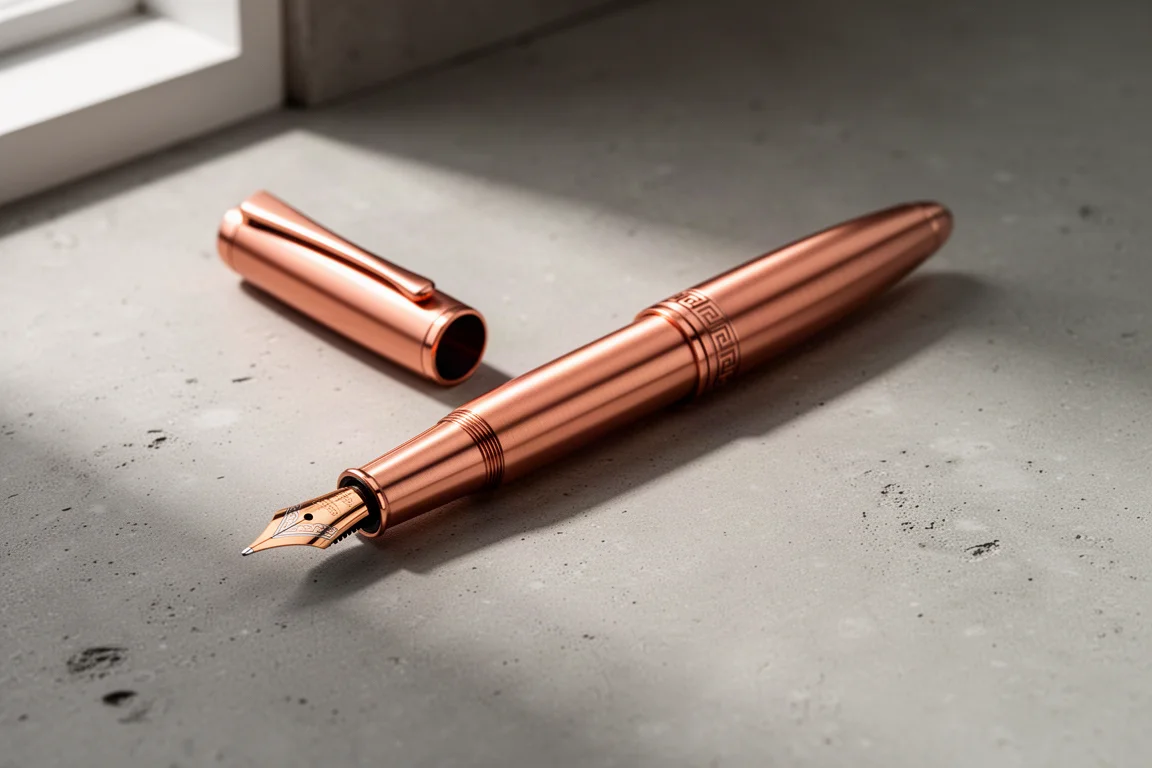 Copper fountain pen with etched Greek key bands on a concrete surface