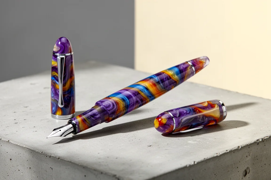 Colorful swirled resin fountain pen standing on a concrete surface