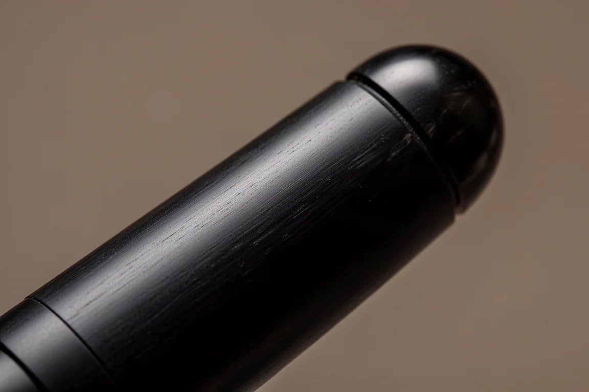 Primer plano del barril de ebonita negra mate mostrando textura suave y remate del capuchón redondeado