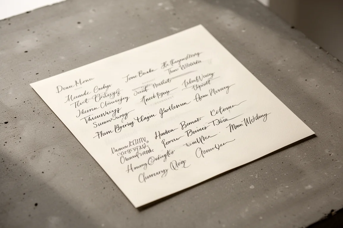 Muestra de caligrafía en tinta gris oscuro sobre papel color crema