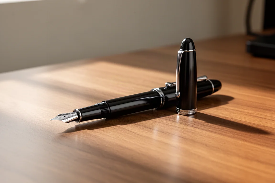 Pluma de bolsillo con la tapa colocada en la parte trasera, convertida en un instrumento de escritura de tamaño completo sobre un escritorio