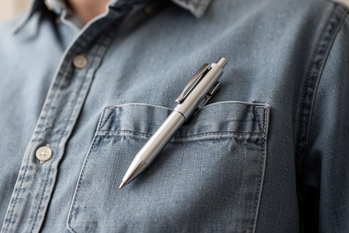 Caneta esferográfica repousando no bolso do peito de uma camisa