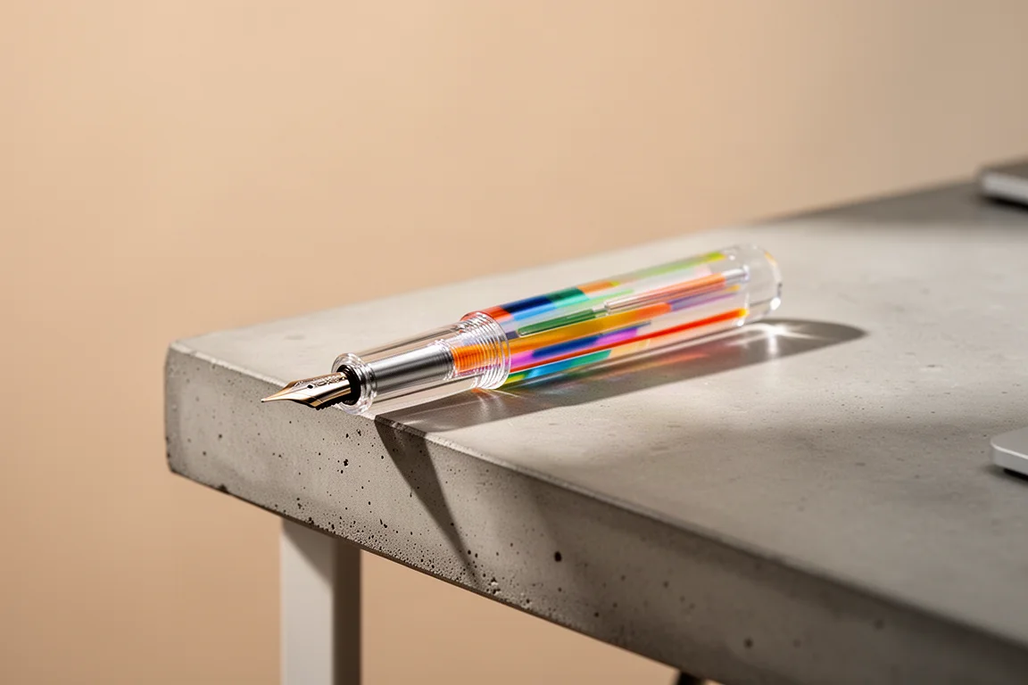 Stilografica minimalista abbandonata vicino al bordo di una scrivania
