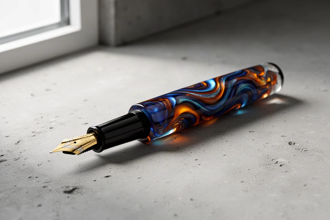 Enso Puma fountain pen in swirling colorful acrylic on a concrete surface