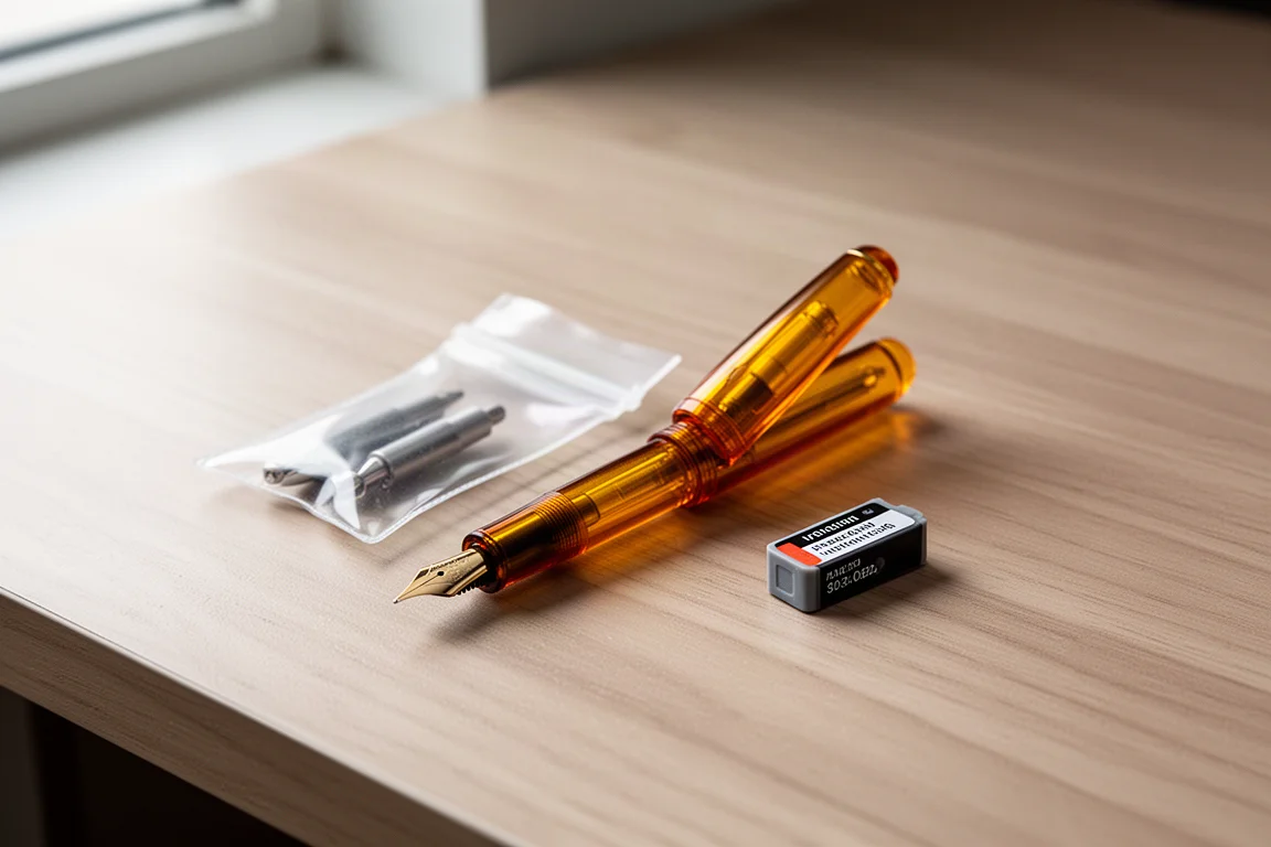Stylo-plume de poche ambré translucide posé sur un bureau clair à côté d'une petite pochette plastique