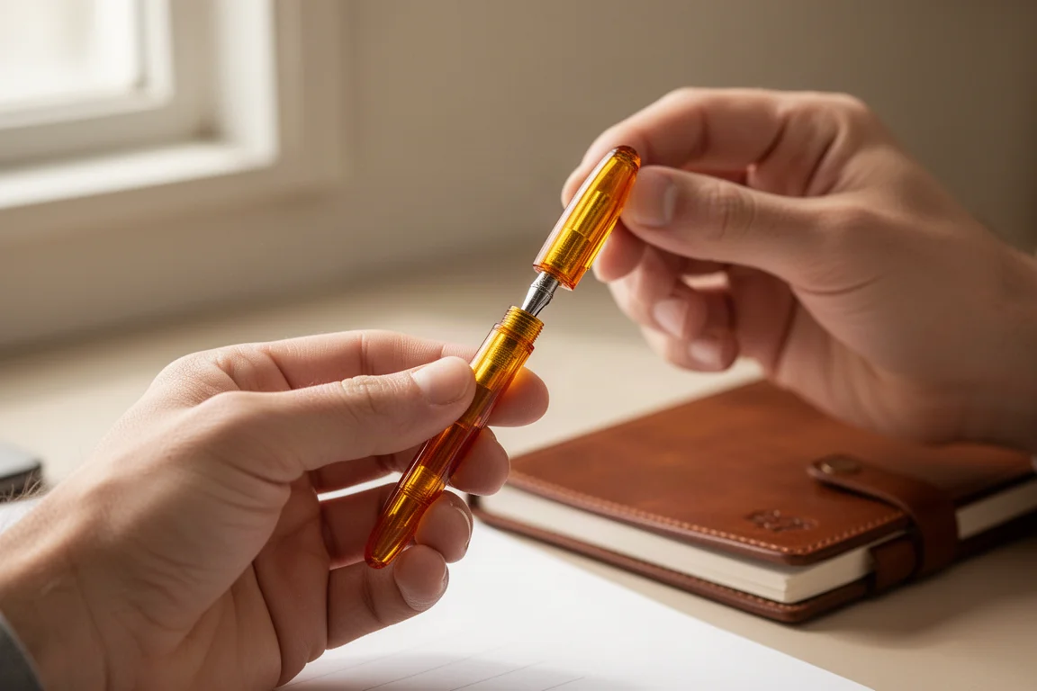 Main débouchant un petit stylo de poche d'un geste rapide, à un bureau d'écriture