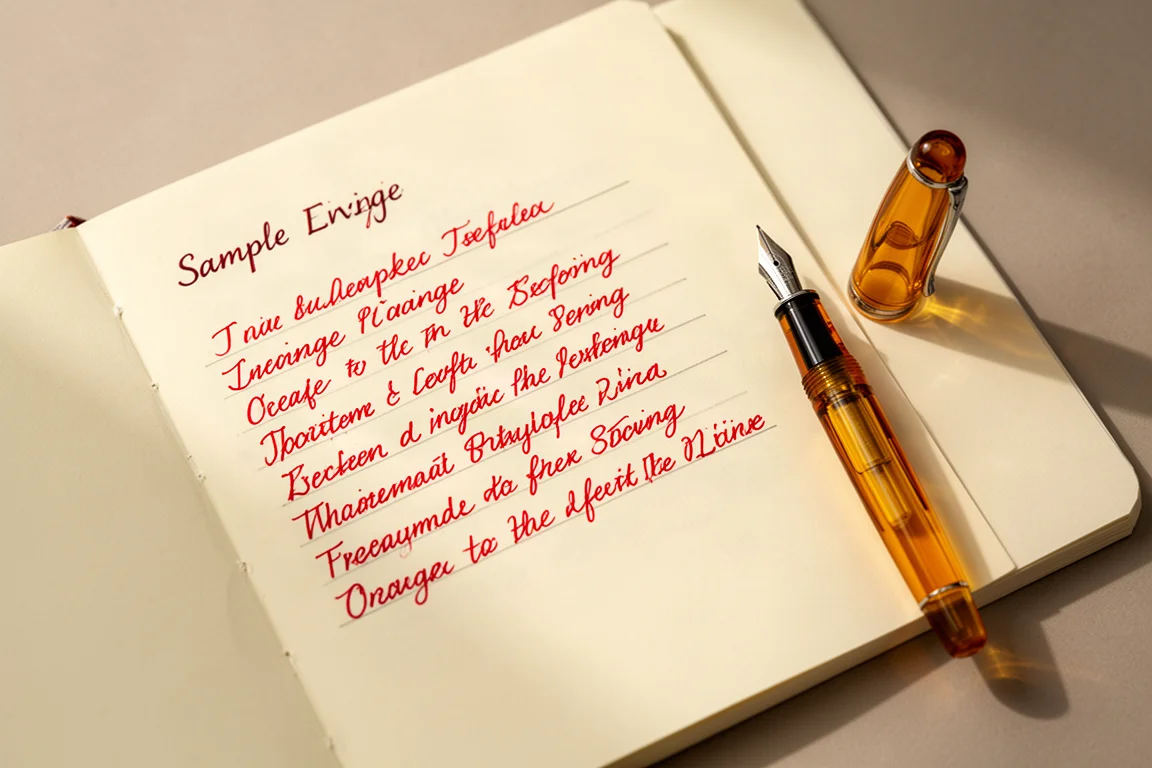 Notes manuscrites à l'encre rouge sur un papier de carnet crème, à côté d'un stylo-plume