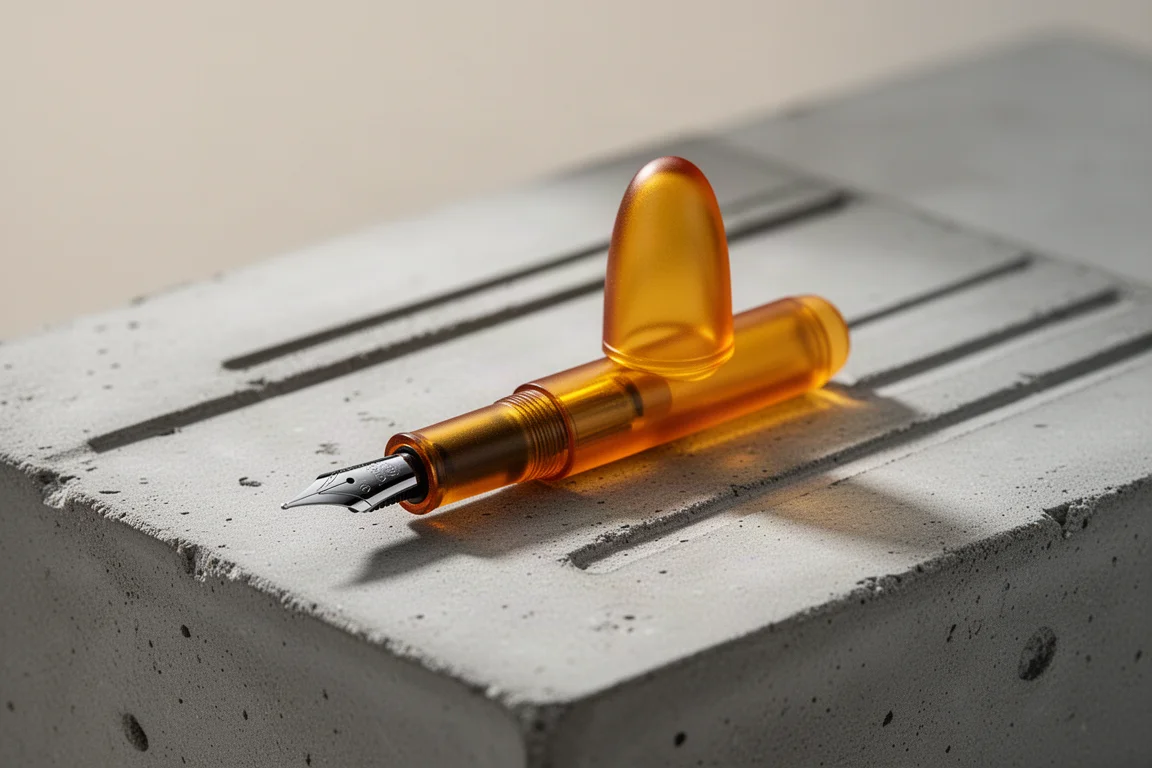 Translucent amber pocket fountain pen with black nib on concrete surface