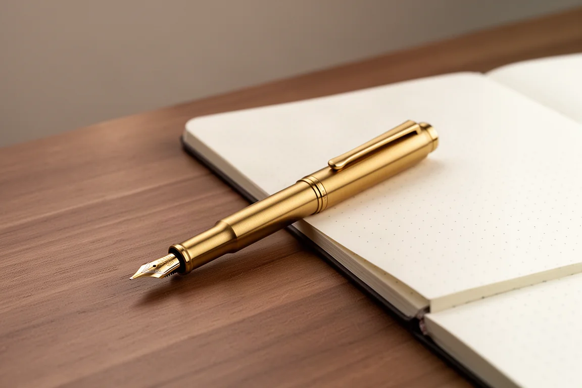 Stylo plume à mécanisme boulon en laiton posé sur un bureau en bois à côté d'un carnet