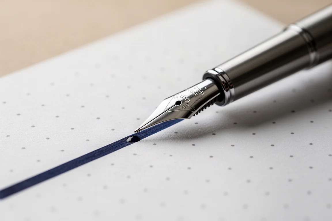 Plume extra fine d'un stylo plume traçant un trait lisse et humide sur du papier pointillé