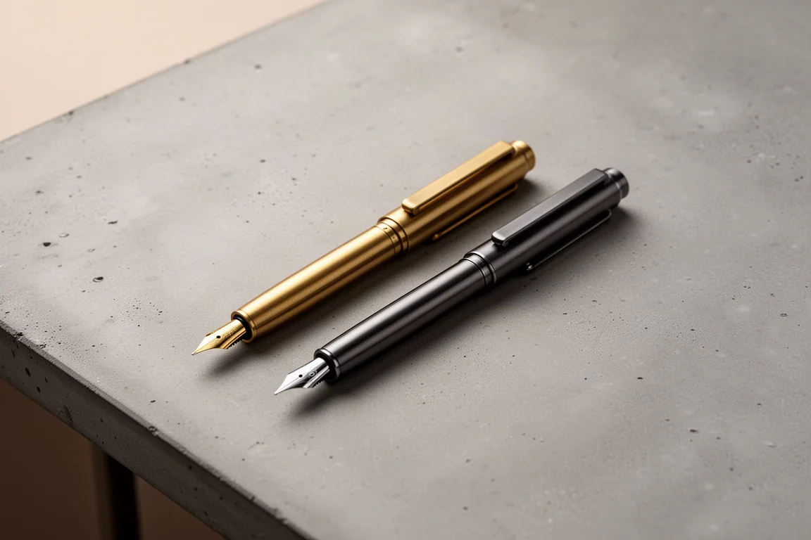 Deux stylos plume rétractables côte à côte sur un bureau pour comparaison