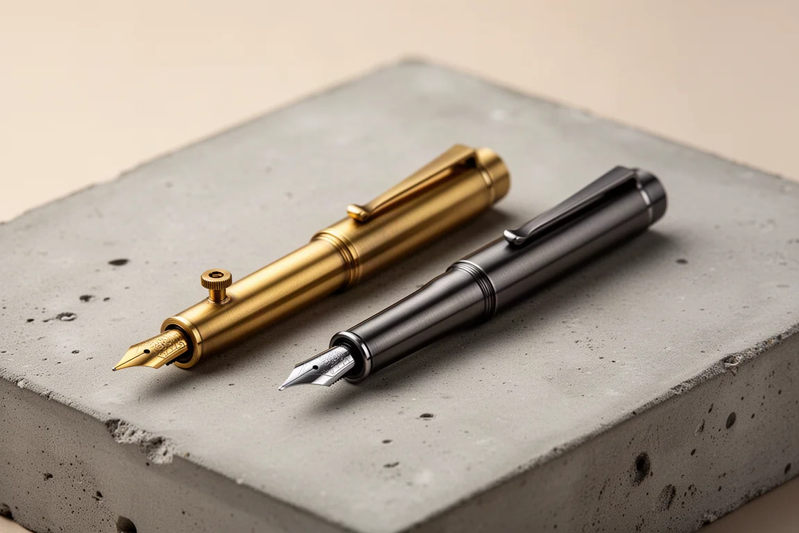 Ensso Bolt brass pen and Pilot Vanishing Point Decimo side by side on concrete