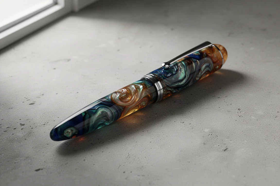 Compact resin fountain pen with swirled blue and amber pearlescent finish on a concrete surface