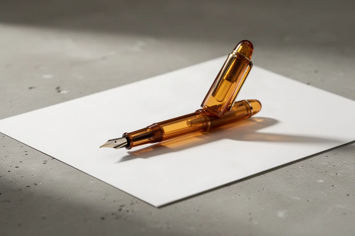 Penna stilografica tascabile traslucida con cappuccio avvitato in posizione di scrittura a lunghezza intera su una scrivania