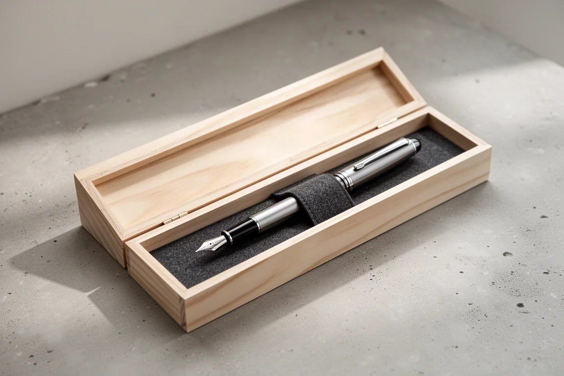 Lungo e stretto cofanetto di legno per doni con una penna stilografica sistemata in una custodia di feltro