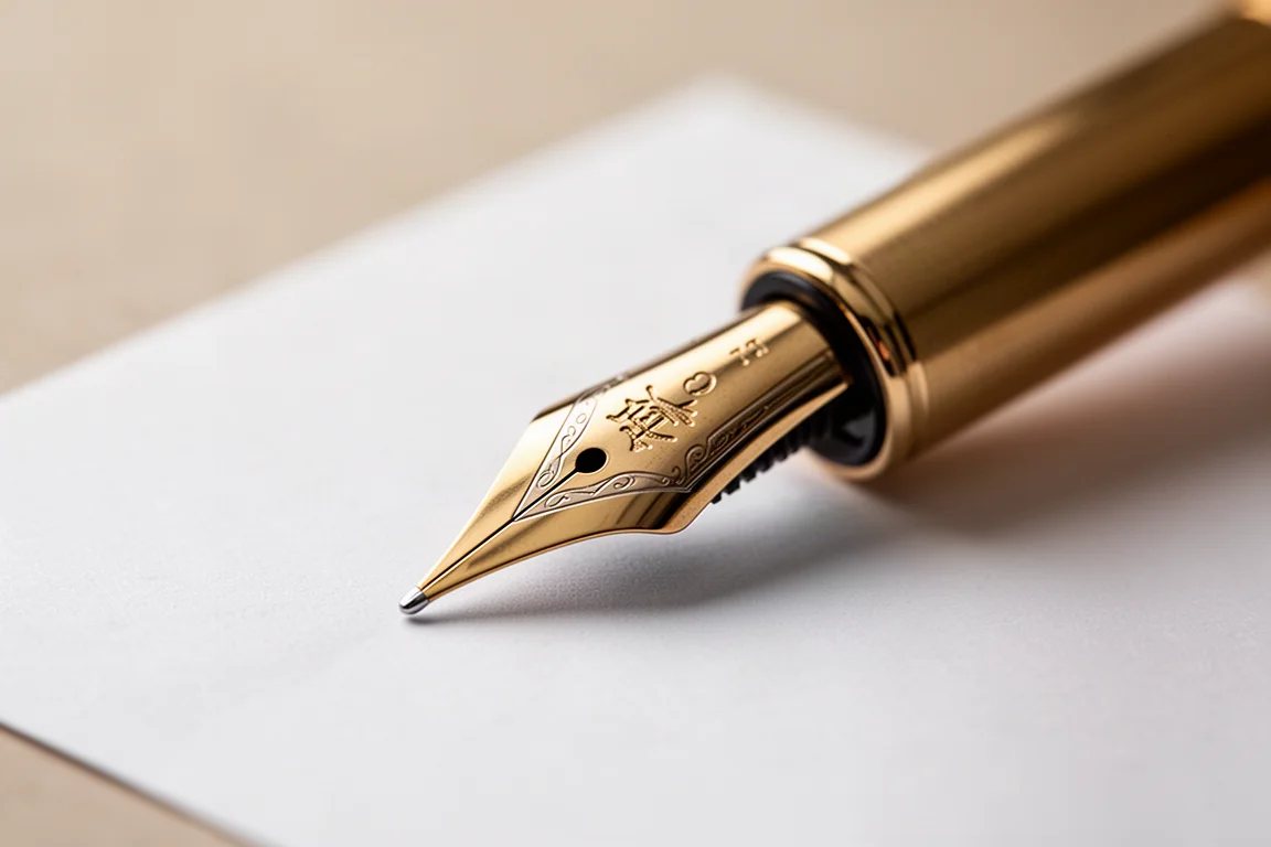Pennino di penna stilografica inciso con un kanji e il numero di edizione appoggiato sulla carta