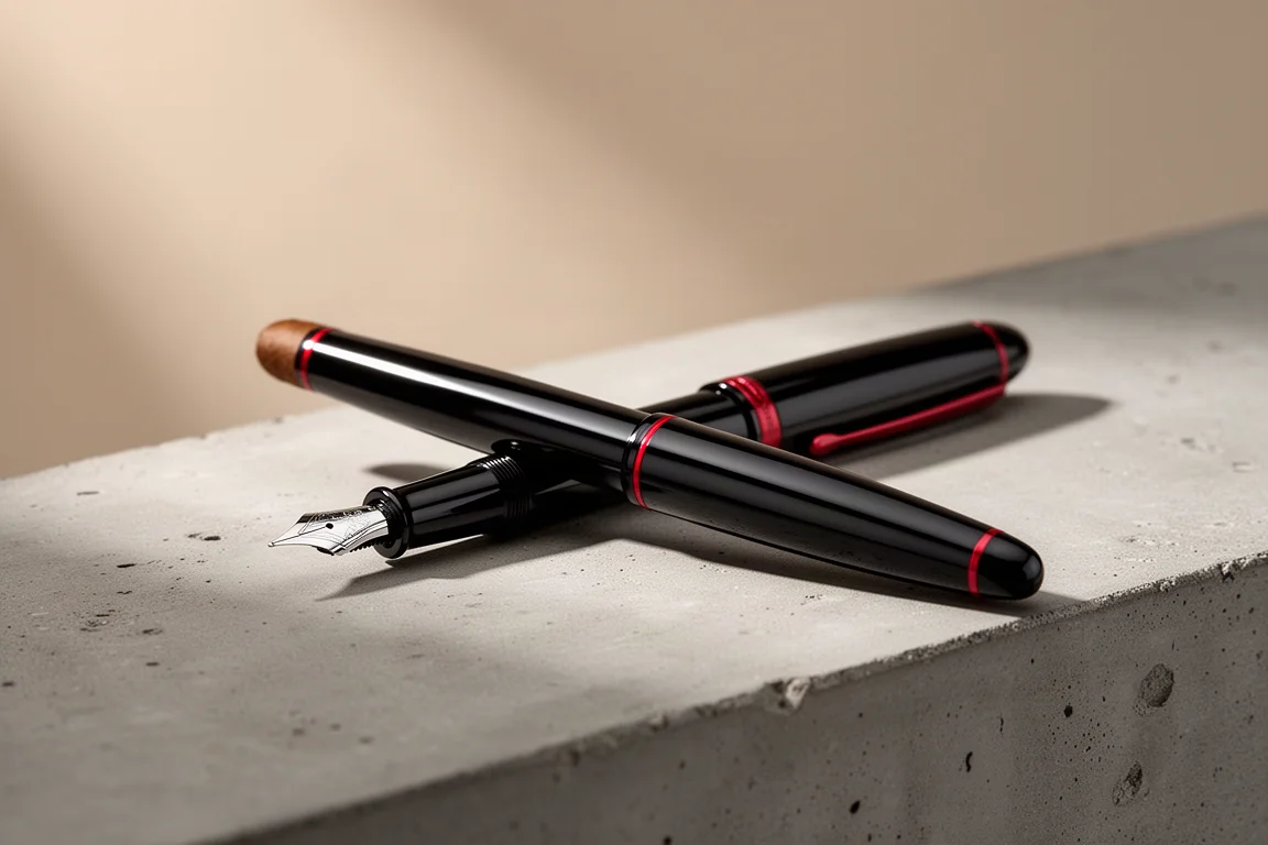 Penna stilografica urushi nera lucida con dettagli bordo rosso vermiglio su una superficie di cemento